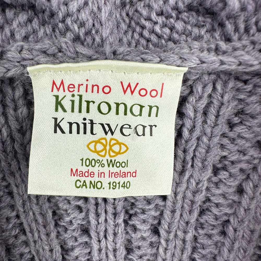 Kilronan Knitwear Merino Wool Cable Knit Vest Purple Ireland Made Shawl Collar - Picture 3 of 13